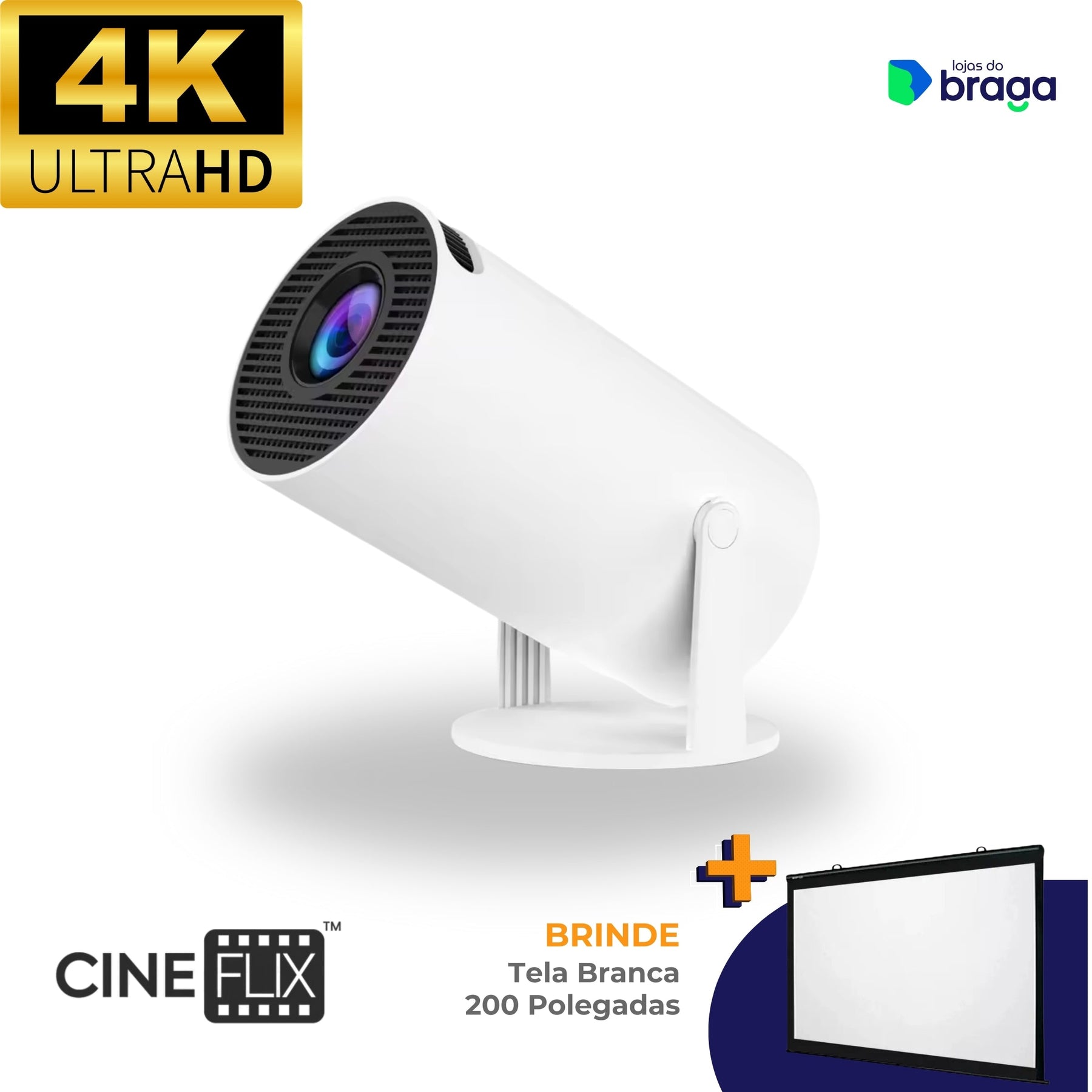 CineFlix™ - Projetor Portátil 4K + Tela 200 Polegadas (Brinde)