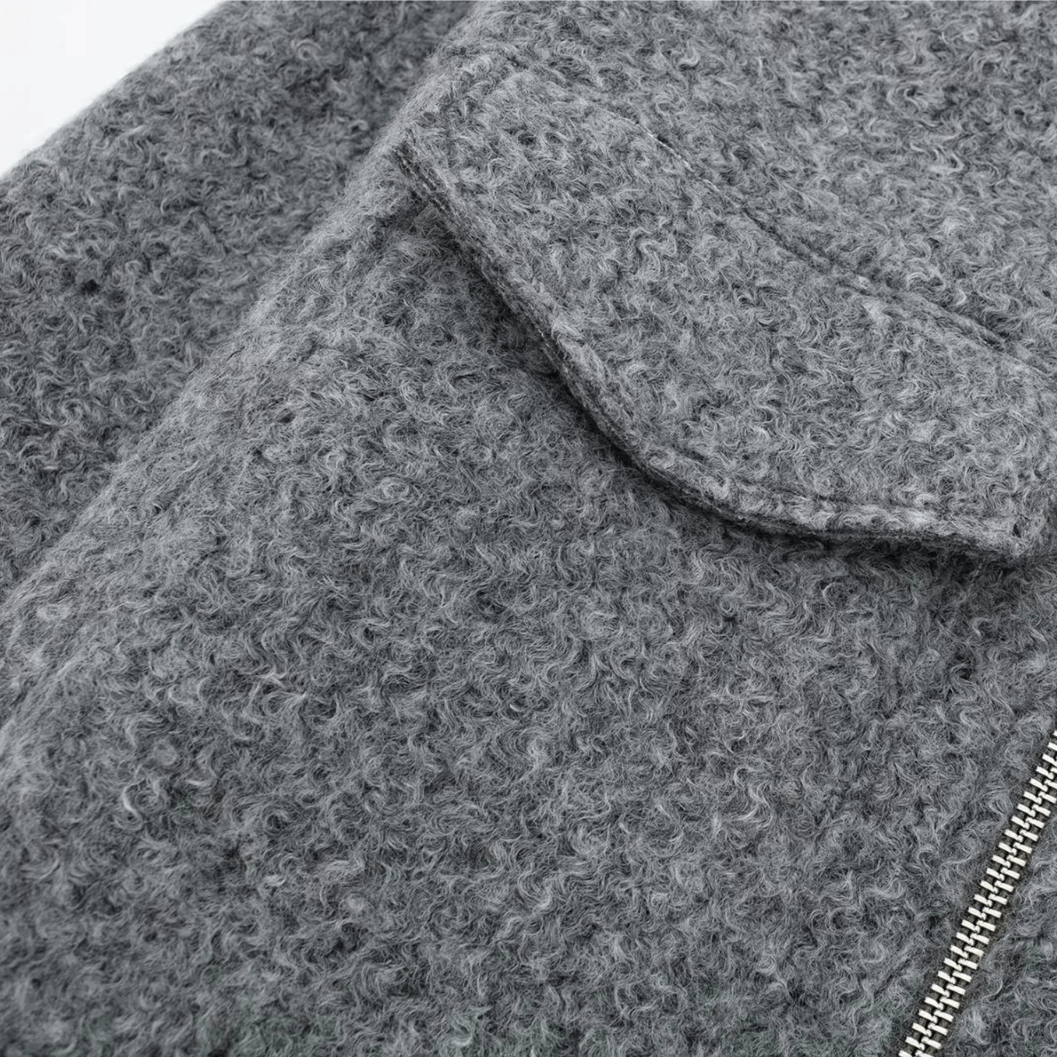 Jaqueta Cropped Feminina de Lã com Zíper Frontal e Bolsos Utilitários Cinza – Favier