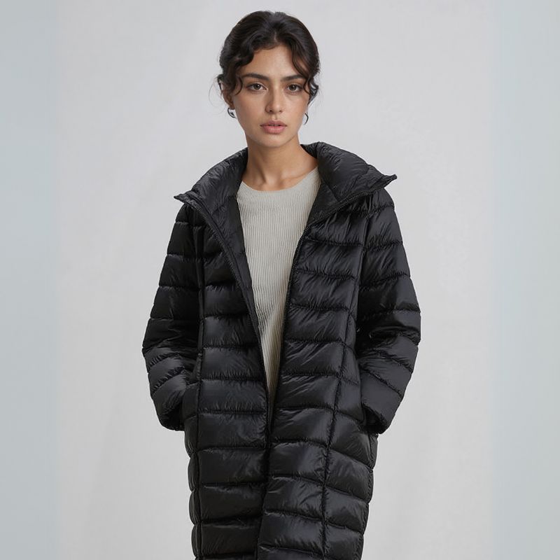 Jaqueta Puffer Feminina Alongada com Capuz e Pluma de Ganso Premium – Pafett