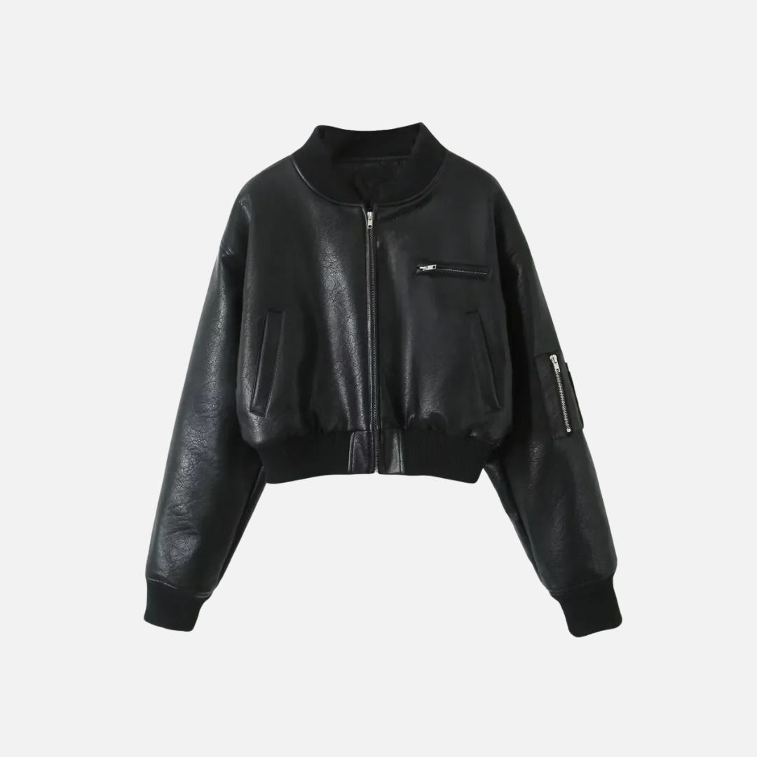 Jaqueta Bomber Cropped de Couro Ecológico – Souffle