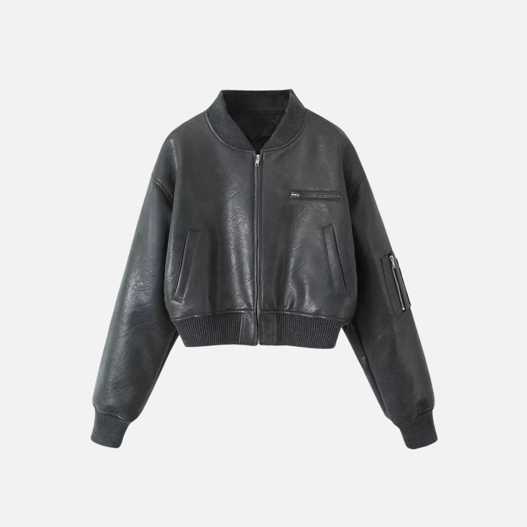 Jaqueta Bomber Cropped de Couro Ecológico – Souffle