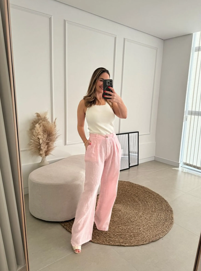 Calça Ana Reta com Pregas Linho Italiano