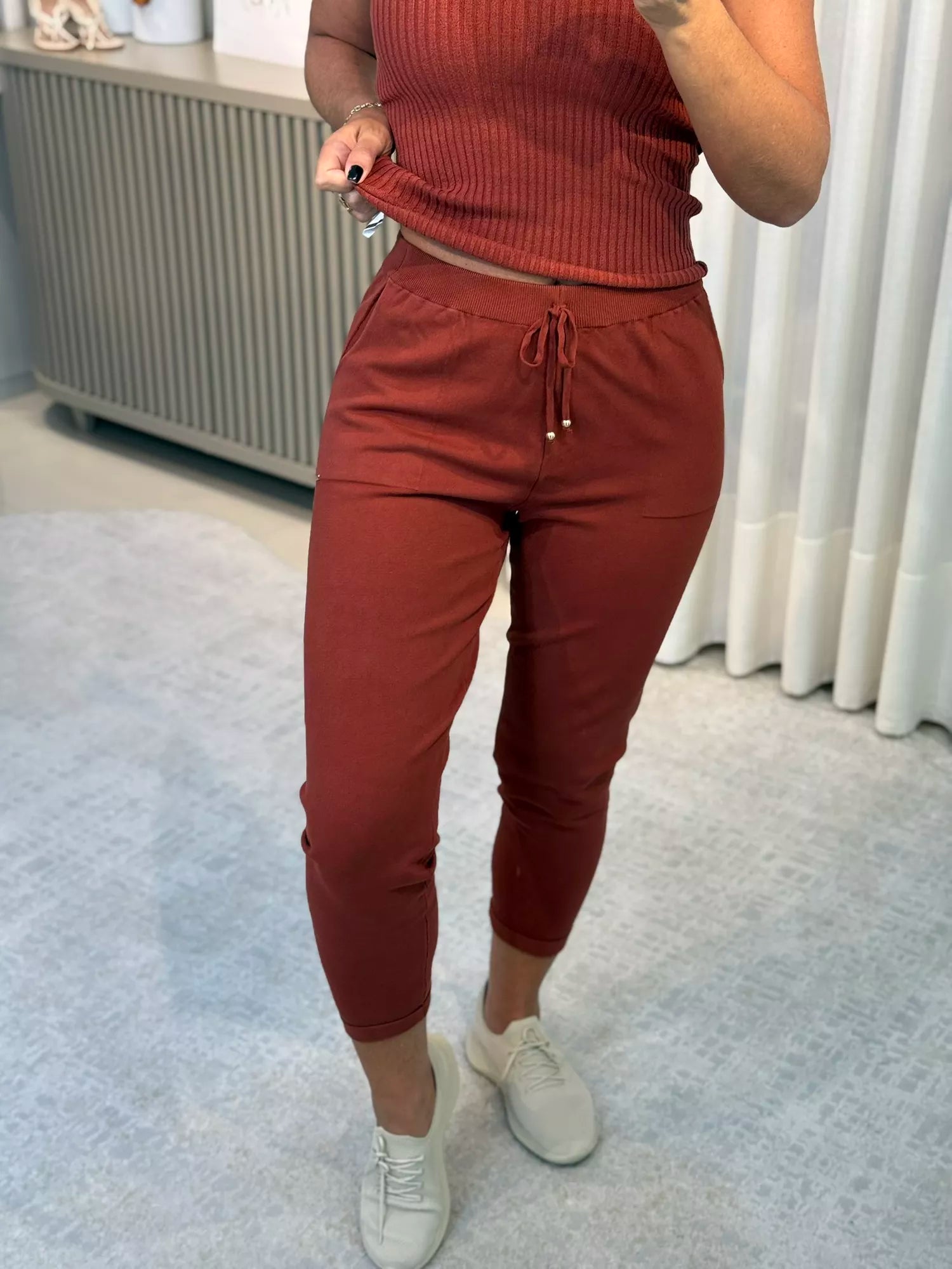 Calça De Tricô Com Barra Italiana