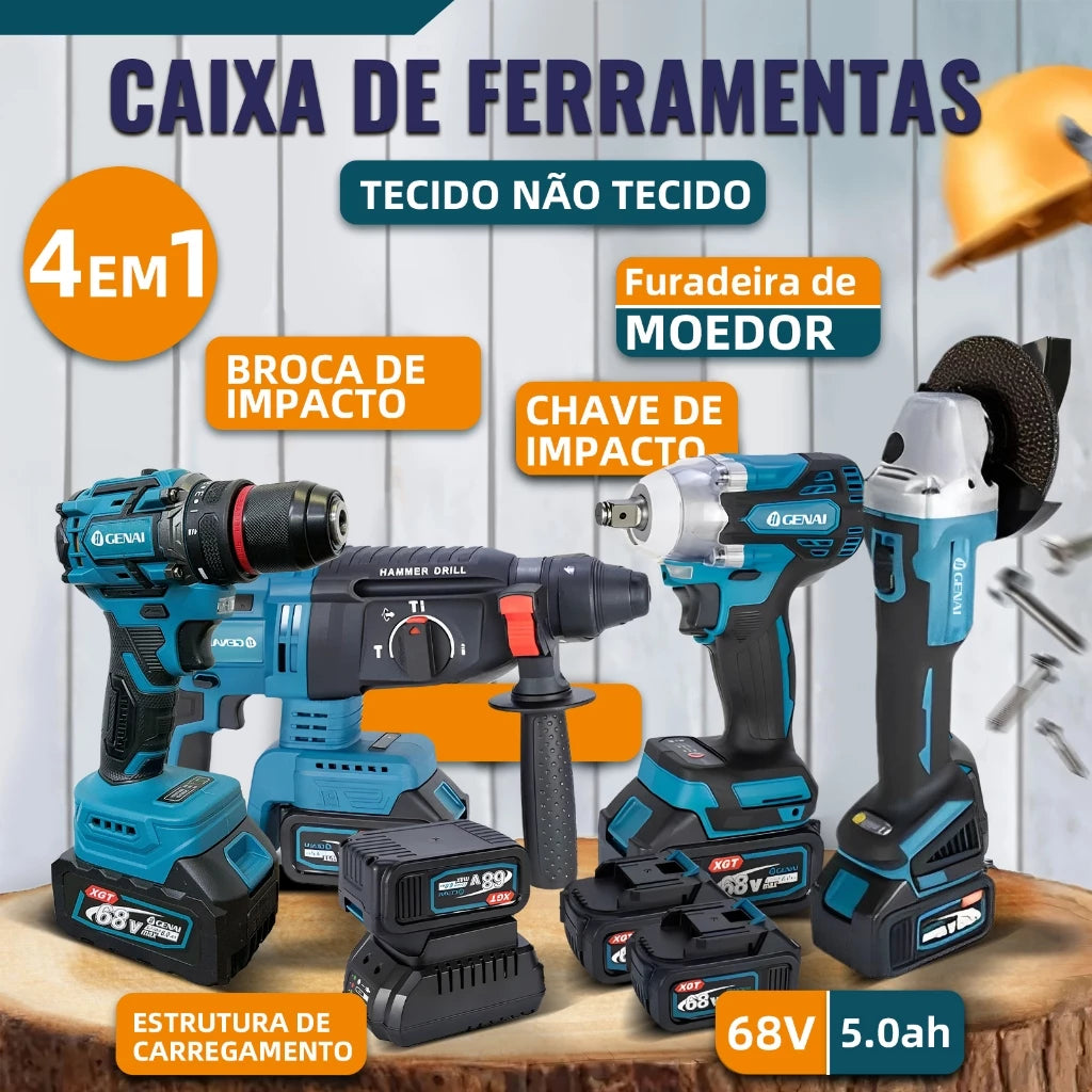 🔥【GENAI】🔥Kit de ferramentas 4 em 1 Furadeira, Chave de fenda/Chave de impacto/Amolador/Martelo 2 baterias de 21 V Caixa