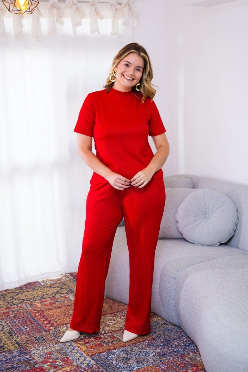 Conjunto Elizabeth - Calça Pantalona em Malha Canelada