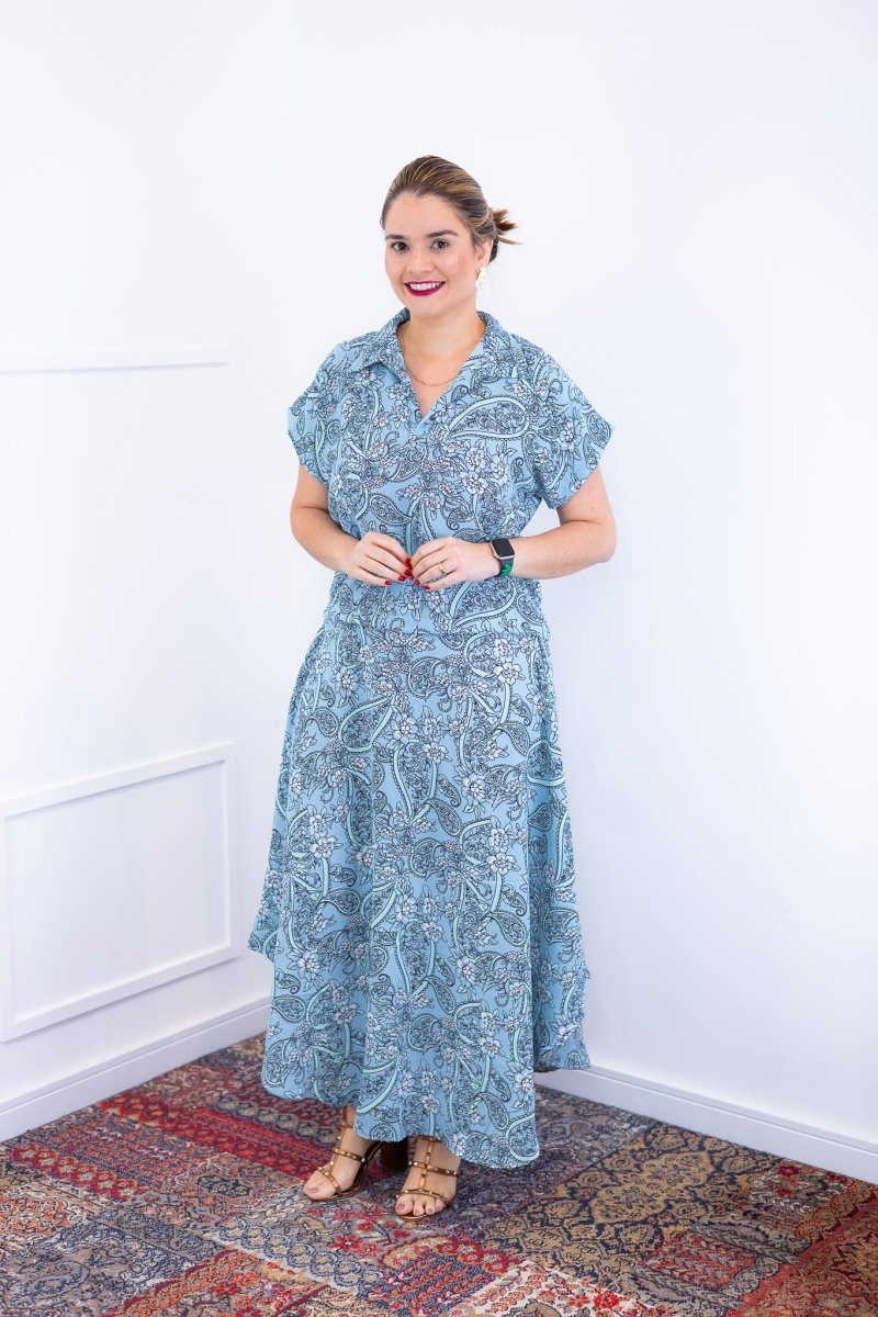 Conjunto Rio – Saia Longa e Blusa com Decote V em Crepe com Caimento Fluido