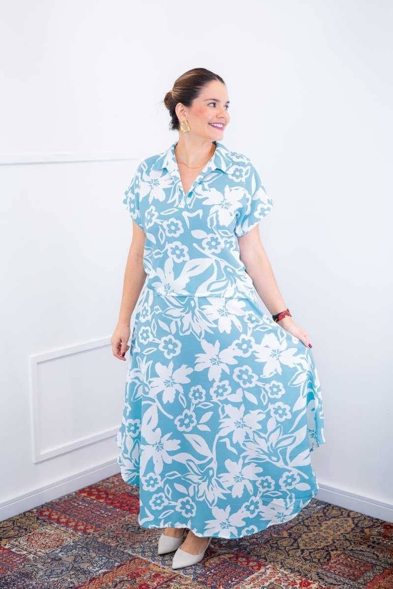 Conjunto Rio – Saia Longa e Blusa com Decote V em Crepe com Caimento Fluido