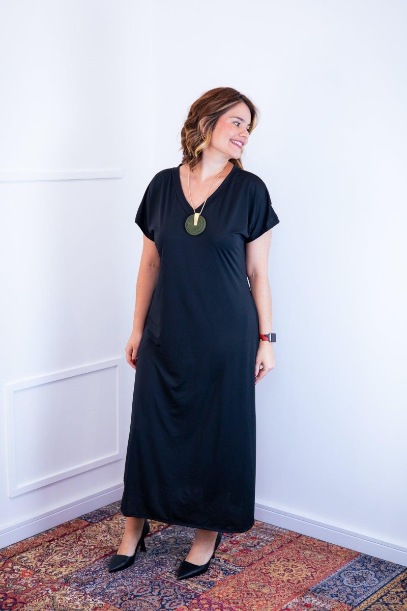 Vestido Antonella – Decote V com Fendas Laterais em Malha Confort