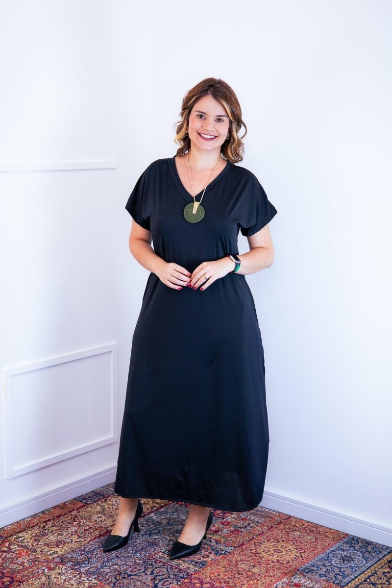 Vestido Antonella – Decote V com Fendas Laterais em Malha Confort