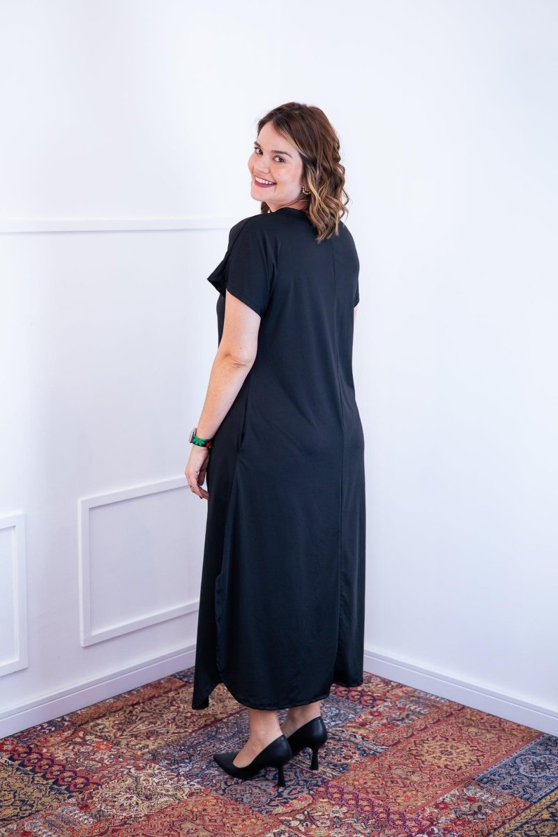 Vestido Antonella – Decote V com Fendas Laterais em Malha Confort