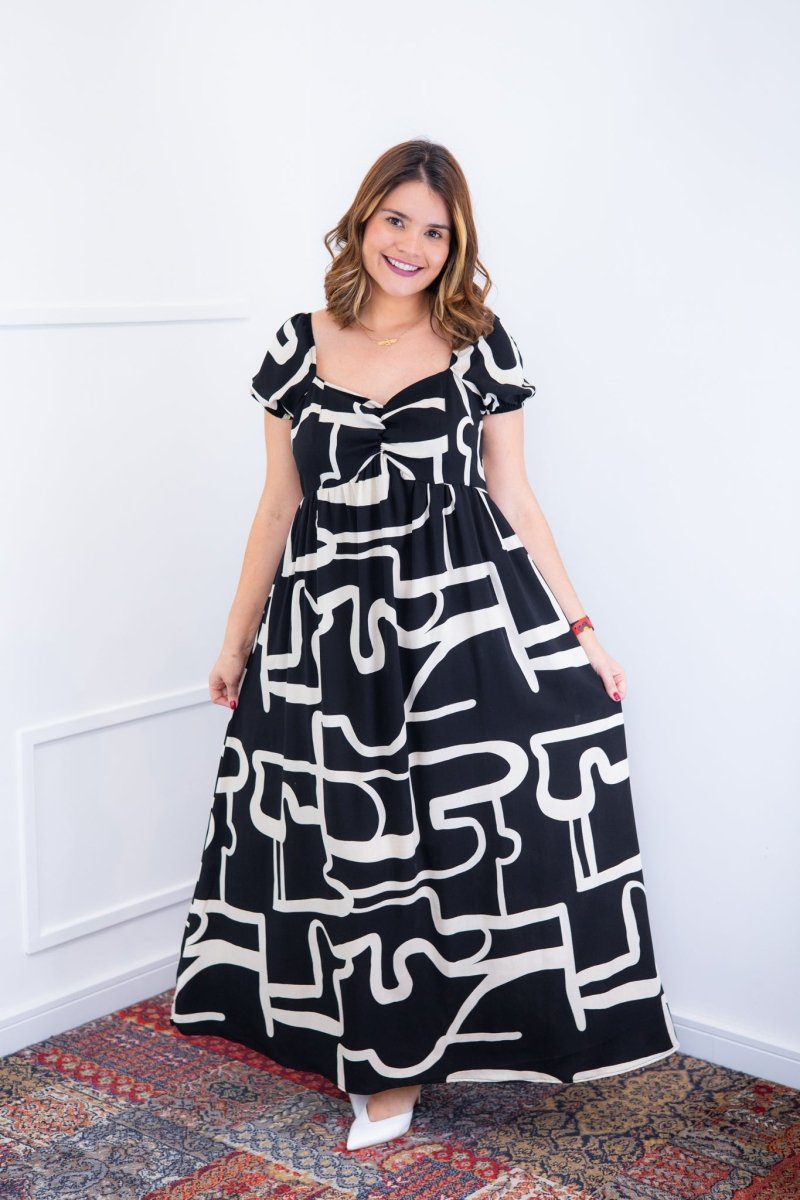 Vestido Longo Cecília – Manga Ciganinha em Viscolinho com Bolsos Laterais