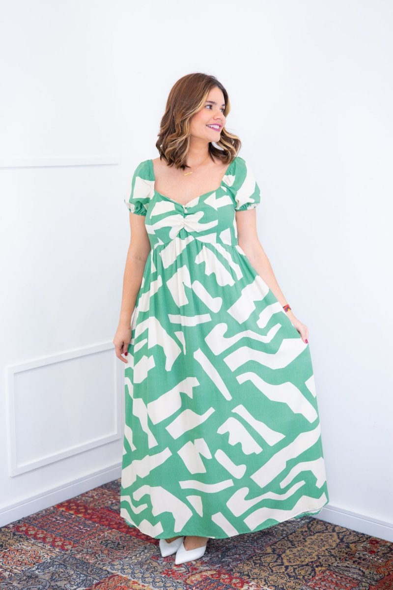 Vestido Longo Cecília – Manga Ciganinha em Viscolinho com Bolsos Laterais