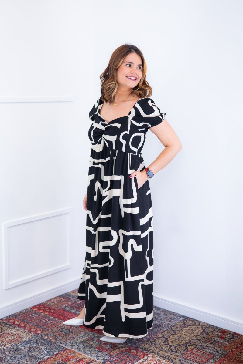 Vestido Longo Cecília – Manga Ciganinha em Viscolinho com Bolsos Laterais