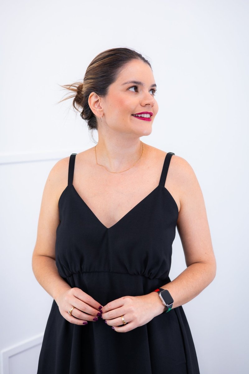 Vestido Malu – Alça Ajustável em Viscose Marrant com Saia Evasê e Bolsos