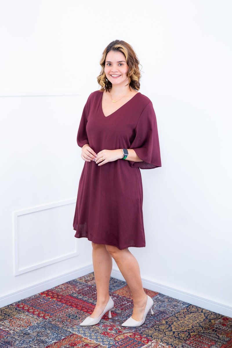 Vestido Sabrina - Decote V Manga Morcego em Viscolinho