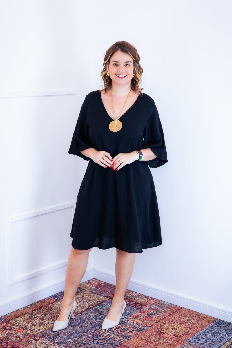 Vestido Sabrina - Decote V Manga Morcego em Viscolinho