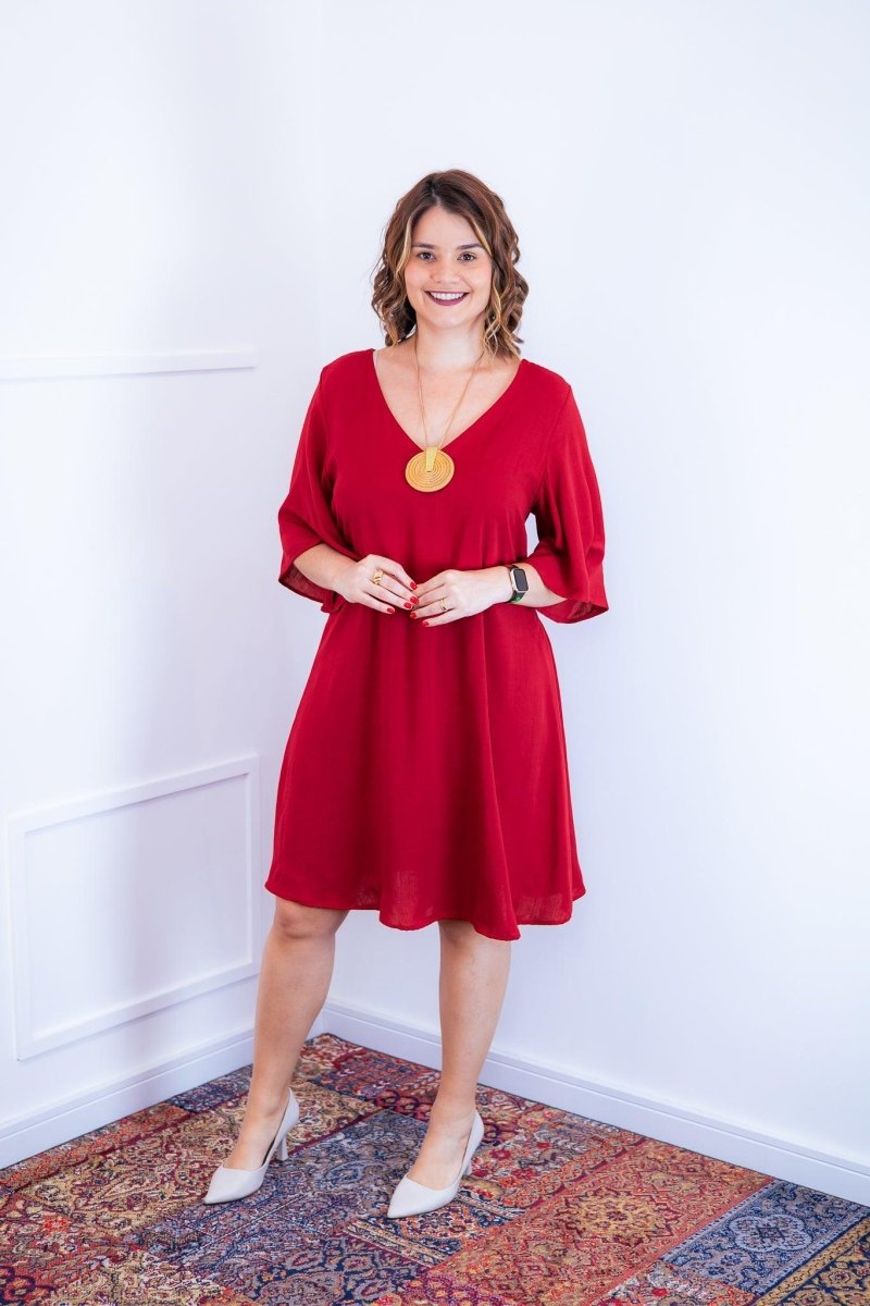 Vestido Sabrina - Decote V Manga Morcego em Viscolinho