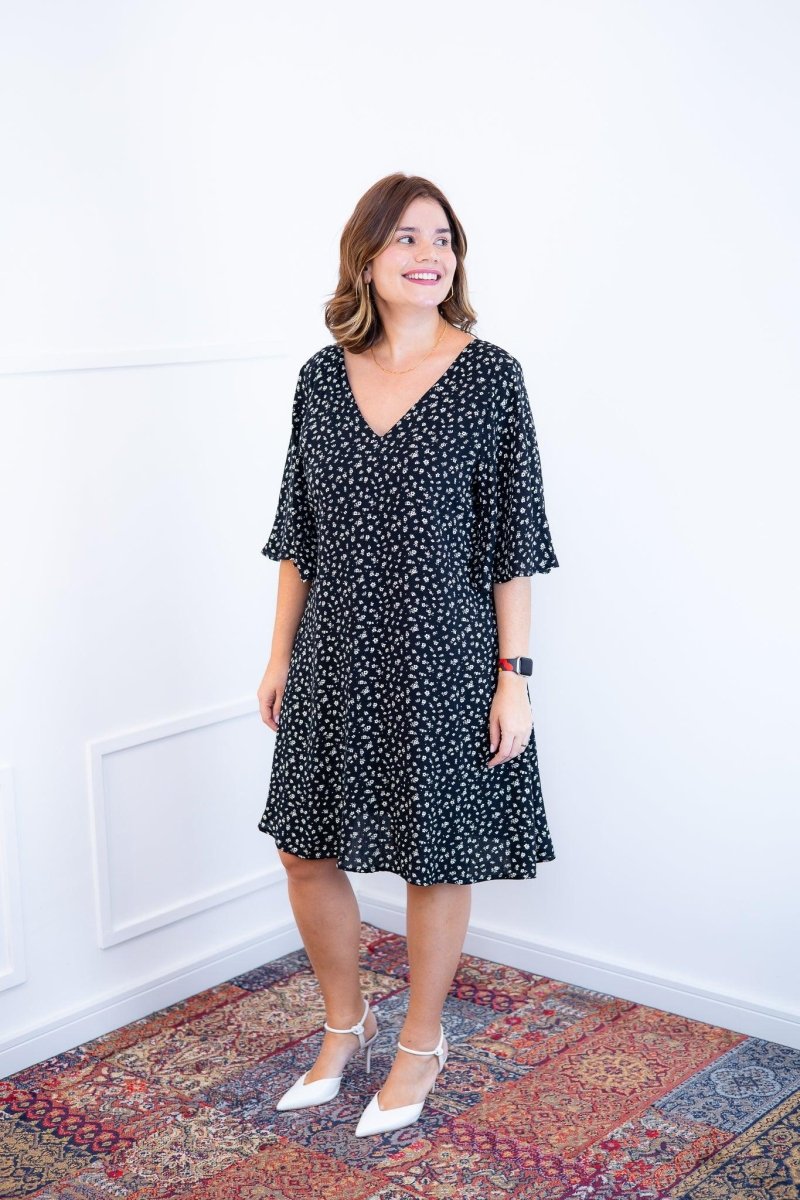 Vestido Sabrina - Decote V Manga Morcego em Viscolinho