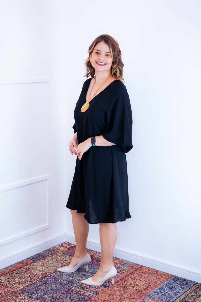 Vestido Sabrina - Decote V Manga Morcego em Viscolinho