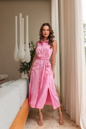 Vestido Erika em Cetim com Botões