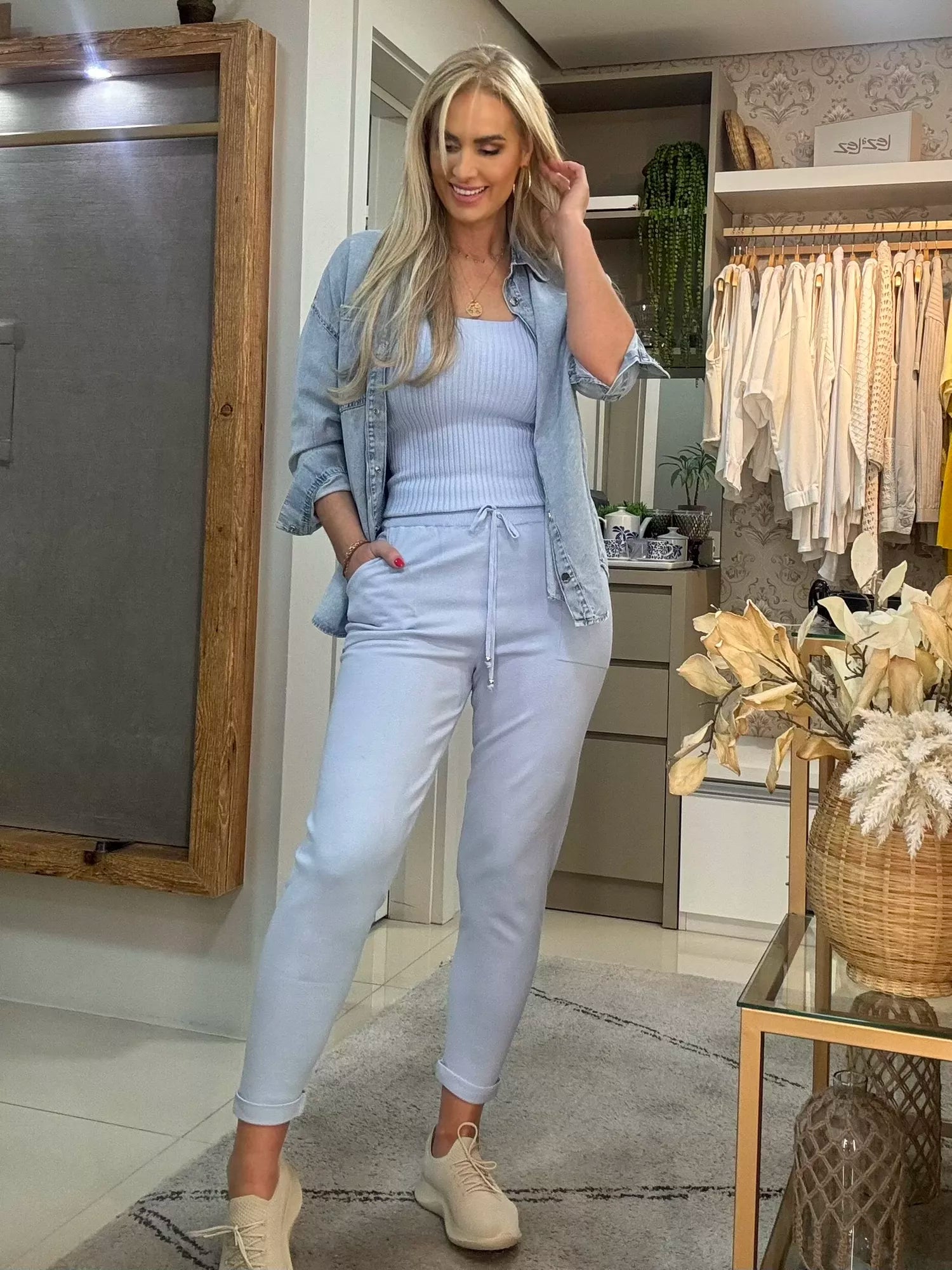 Calça De Tricô Com Barra Italiana