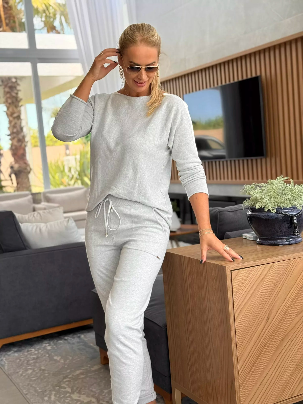 Calça De Tricô Com Barra Italiana