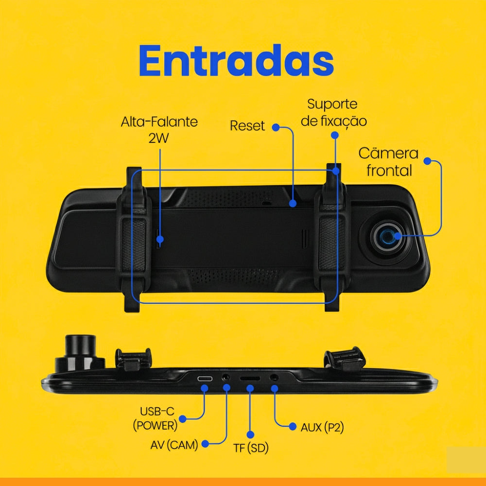 SmartVision PRO™ – Retrovisor Multimídia com [CÂMERA DE RÉ + FRONTAL]