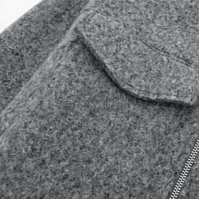 Jaqueta Cropped Feminina de Lã com Zíper Frontal e Bolsos Utilitários Cinza – Favier