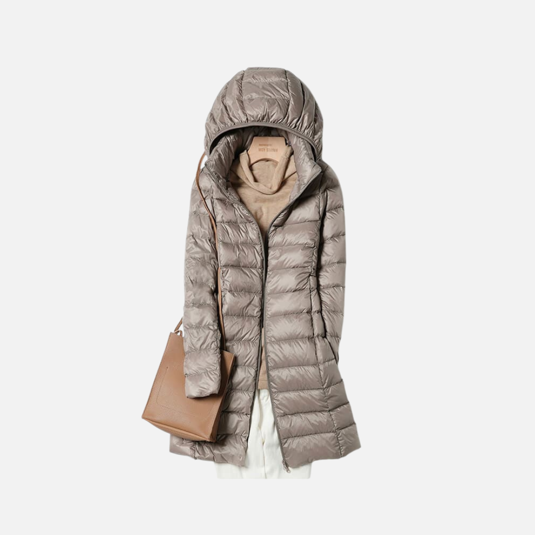 Jaqueta Puffer Feminina Alongada com Capuz e Pluma de Ganso Premium – Pafett