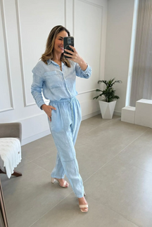 Conjunto Com Costura Em Destaque e Amarração Linho Italiano