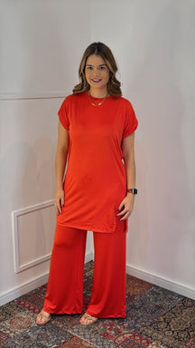 Conjunto Califórnia - Túnica Longa com Fenda Lateral e Calça Pantalona em Malha Confort