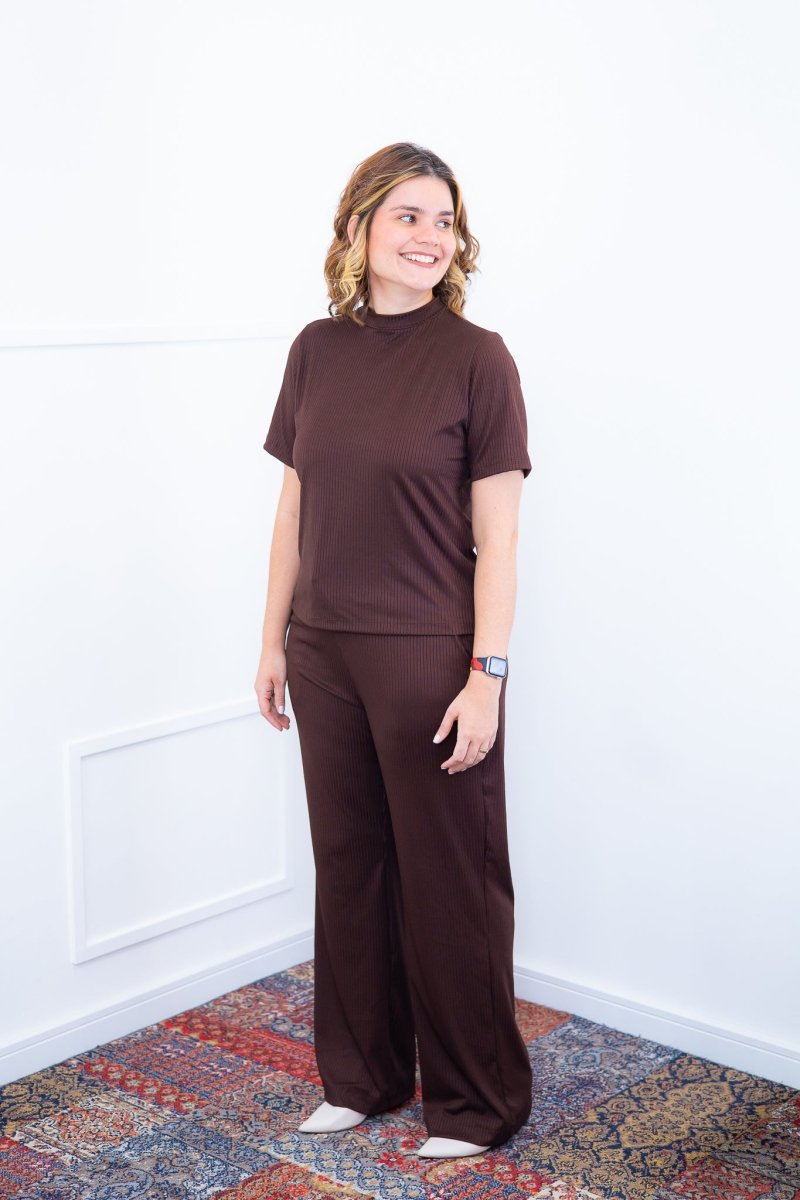 Conjunto Elizabeth - Calça Pantalona em Malha Canelada