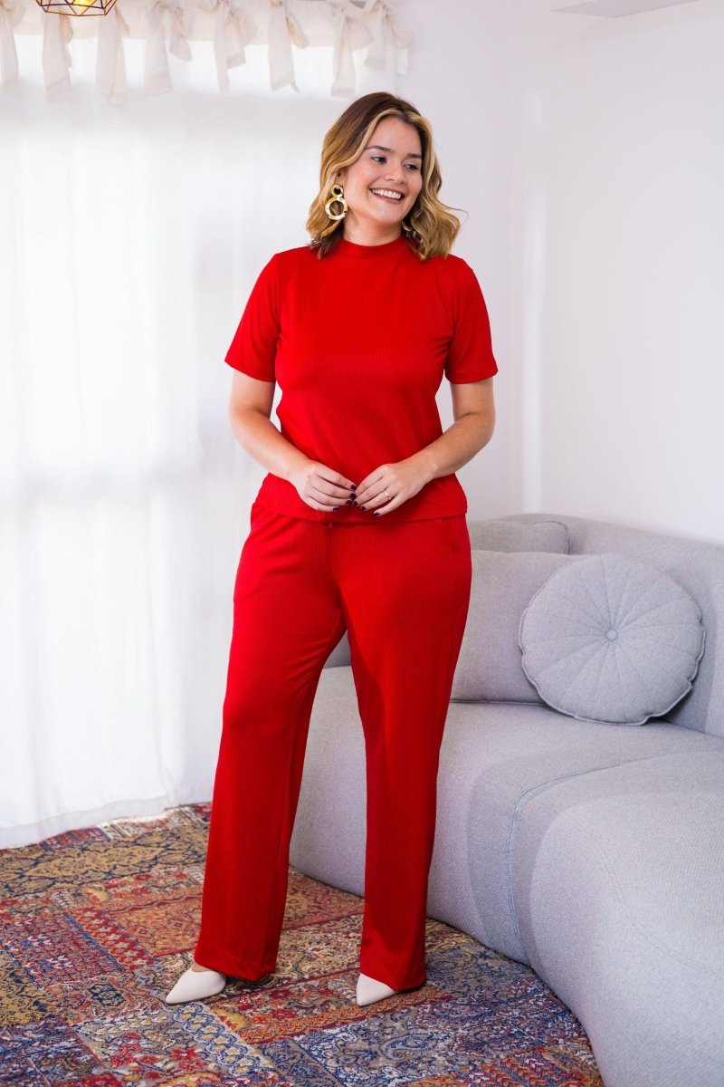 Conjunto Elizabeth - Calça Pantalona em Malha Canelada