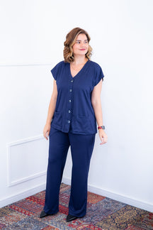 Conjunto Itália - Em Malha Canelada com Colete de Botões e Calça Pantalona