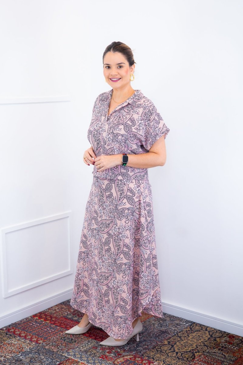 Conjunto Rio – Saia Longa e Blusa com Decote V em Crepe com Caimento Fluido