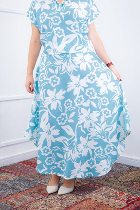 Conjunto Rio – Saia Longa e Blusa com Decote V em Crepe com Caimento Fluido