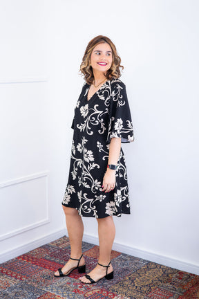 Vestido Sabrina - Decote V Manga Morcego em Viscolinho