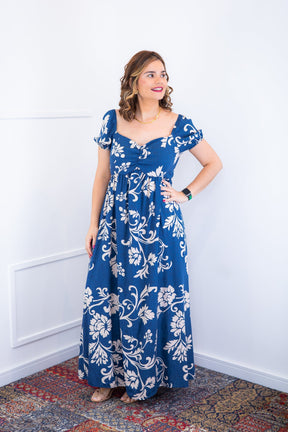 Vestido Longo Cecília – Manga Ciganinha em Viscolinho com Bolsos Laterais