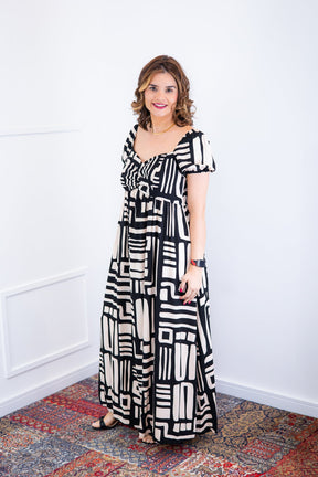 Vestido Longo Cecília – Manga Ciganinha em Viscolinho com Bolsos Laterais