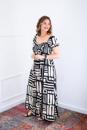 Vestido Longo Cecília – Manga Ciganinha em Viscolinho com Bolsos Laterais