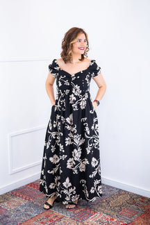 Vestido Longo Cecília – Manga Ciganinha em Viscolinho com Bolsos Laterais