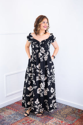 Vestido Longo Cecília – Manga Ciganinha em Viscolinho com Bolsos Laterais