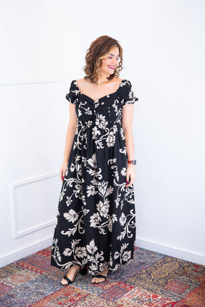 Vestido Longo Cecília – Manga Ciganinha em Viscolinho com Bolsos Laterais