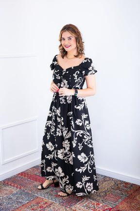 Vestido Longo Cecília – Manga Ciganinha em Viscolinho com Bolsos Laterais