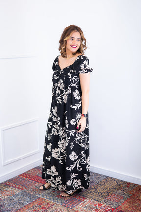 Vestido Longo Cecília – Manga Ciganinha em Viscolinho com Bolsos Laterais