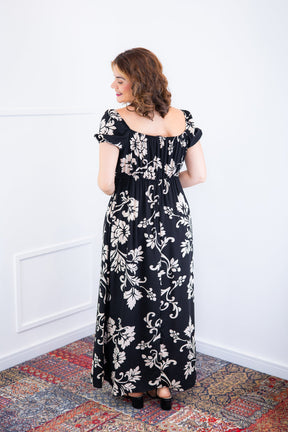 Vestido Longo Cecília – Manga Ciganinha em Viscolinho com Bolsos Laterais