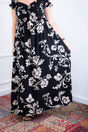 Vestido Longo Cecília – Manga Ciganinha em Viscolinho com Bolsos Laterais