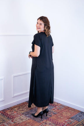 Vestido Antonella – Decote V com Fendas Laterais em Malha Confort