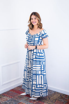 Vestido Longo Cecília – Manga Ciganinha em Viscolinho com Bolsos Laterais