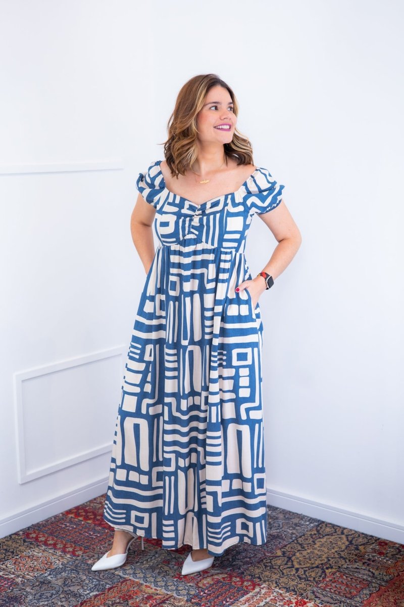 Vestido Longo Cecília – Manga Ciganinha em Viscolinho com Bolsos Laterais